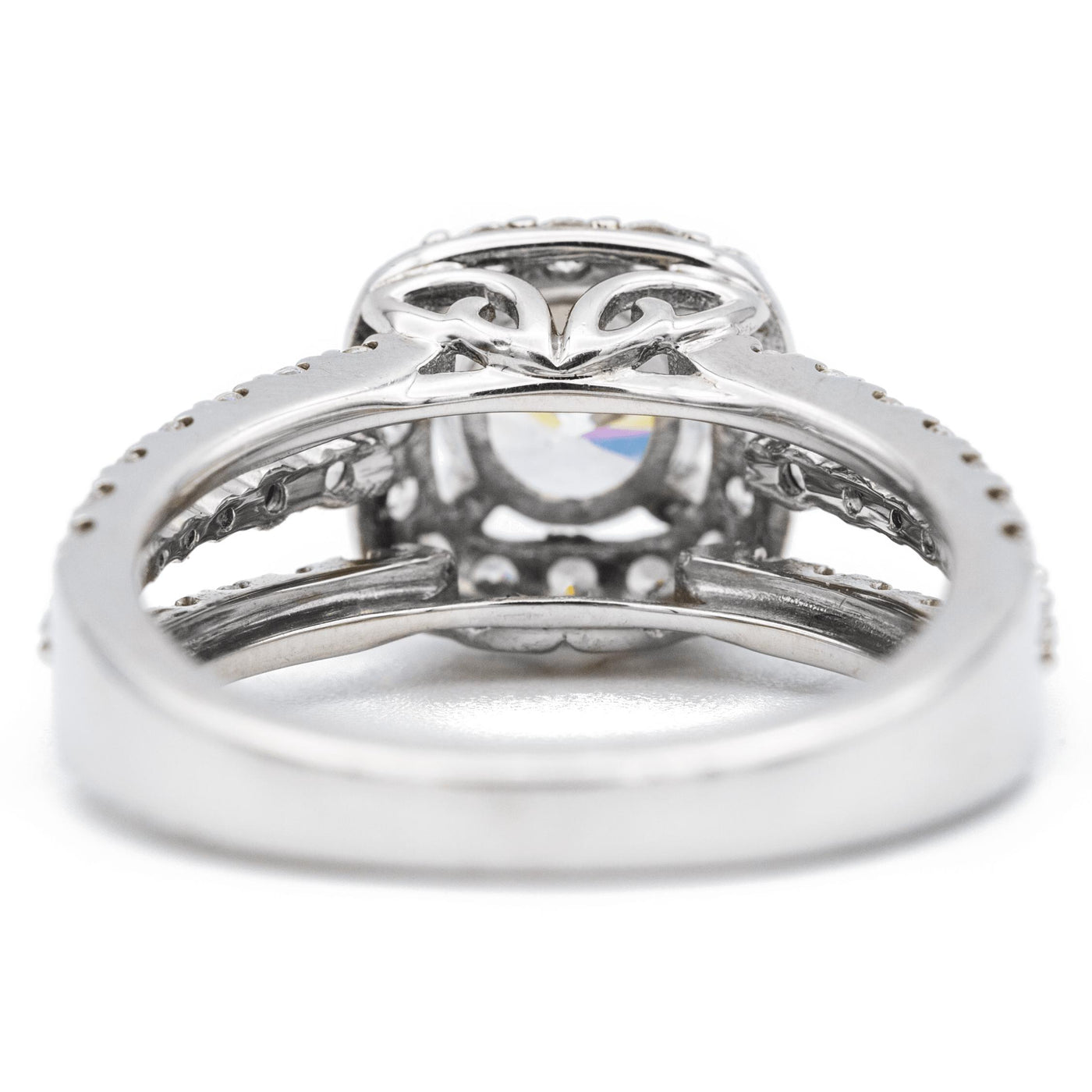 6.5mm Round Moissanite 14K White Gold Diamond 4 Prong Cushion Halo Split Shank Ring-Fire & Brilliance ® Creative Designs-Fire & Brilliance ®