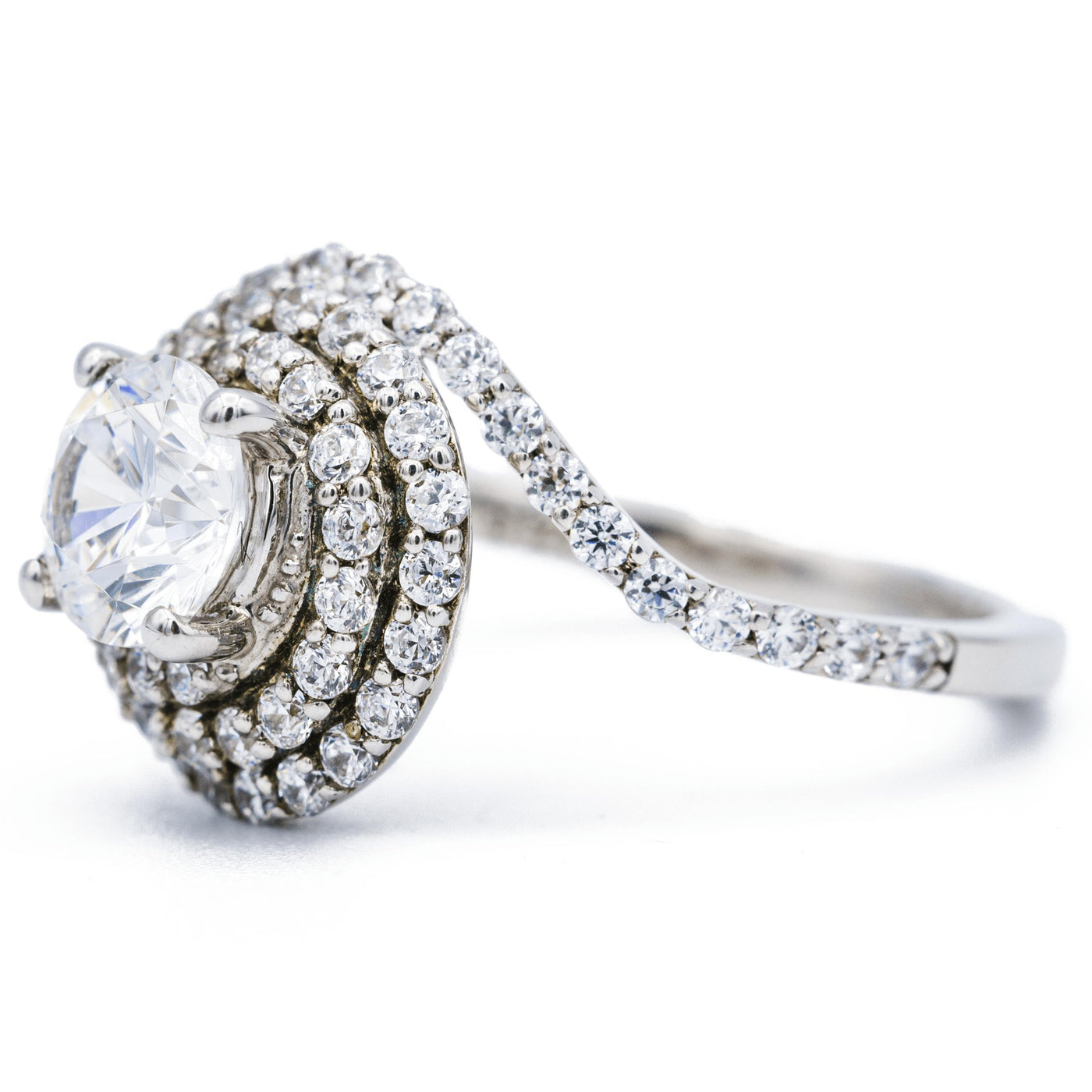 50824 Round Moissanite 14K White Solid Gold Diamond Halo Bypass Shank Design Ring-Fire & Brilliance ® Creative Designs-Fire & Brilliance ®