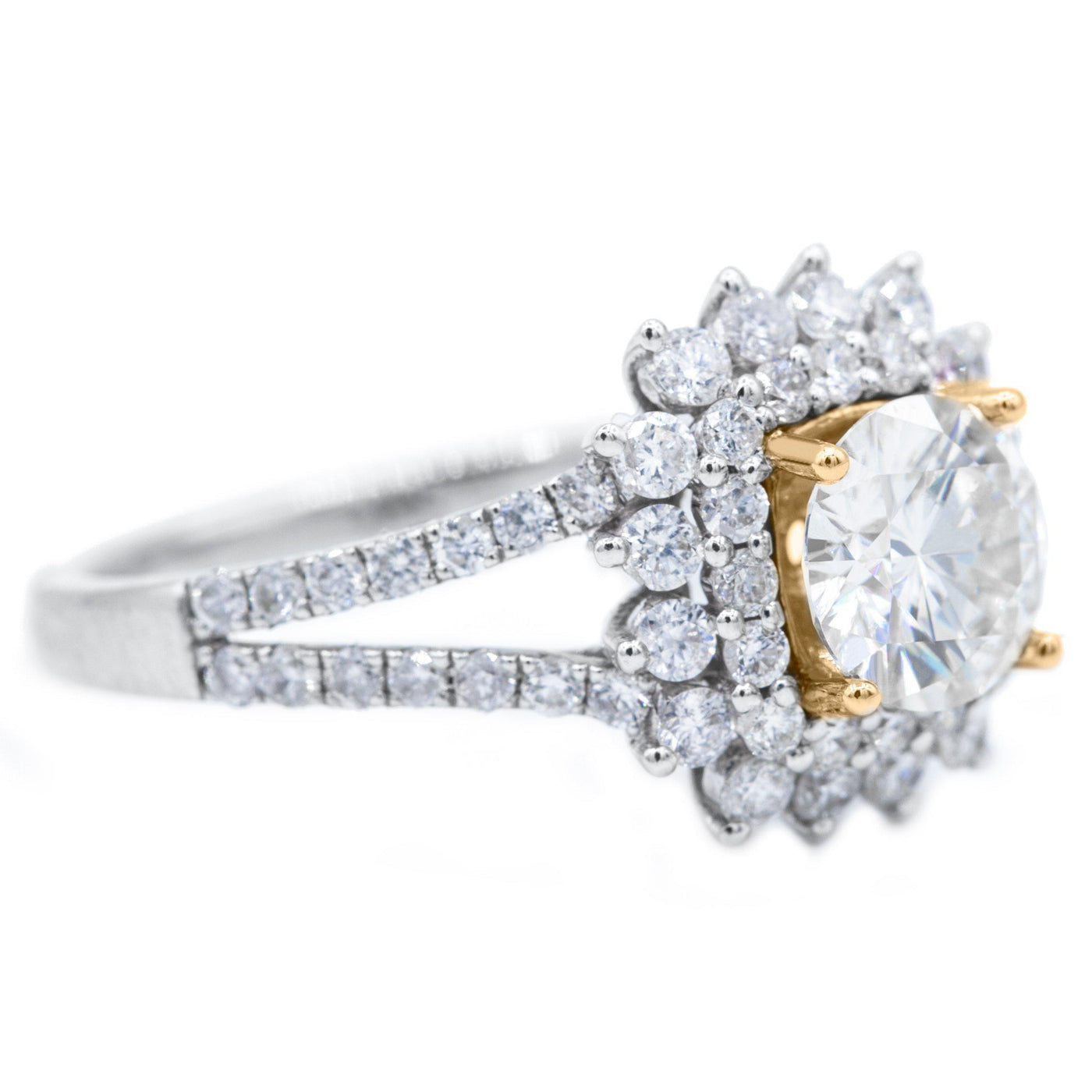 6.5mm Round Moissanite 14K White & Yellow Solid Gold Split Shank Diamond Snowflake Halo Design Ring-Fire & Brilliance ® Creative Designs-Fire & Brilliance ®