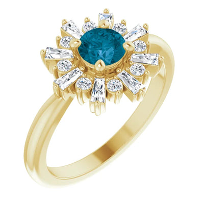 Natural London Blue Topaz Round & Baguette Diamond Halo Ring