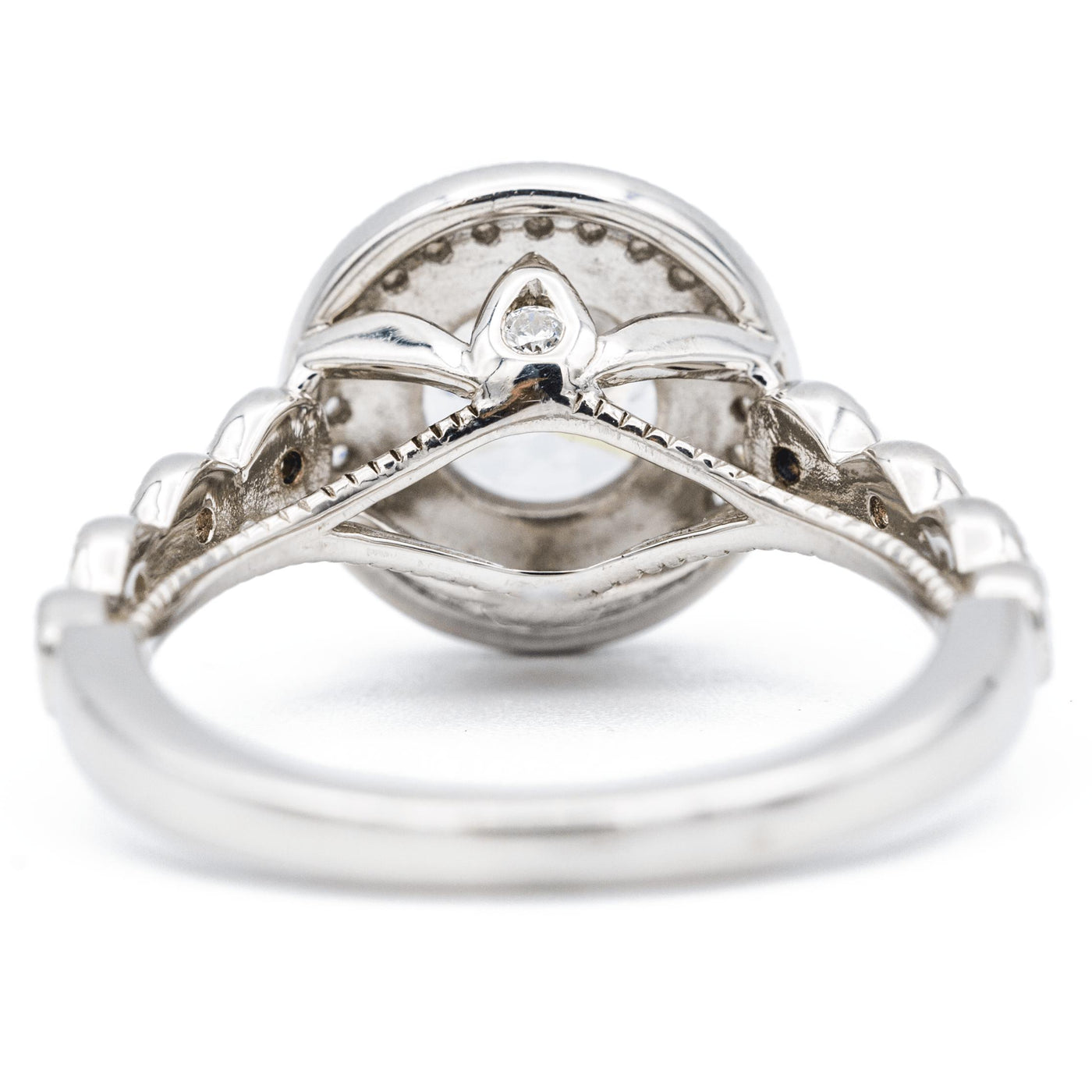 7.5mm Round Moissanite 14K White Solid Gold Diamond Halo Milgrain Design Ring-Fire & Brilliance ® Creative Designs-Fire & Brilliance ®