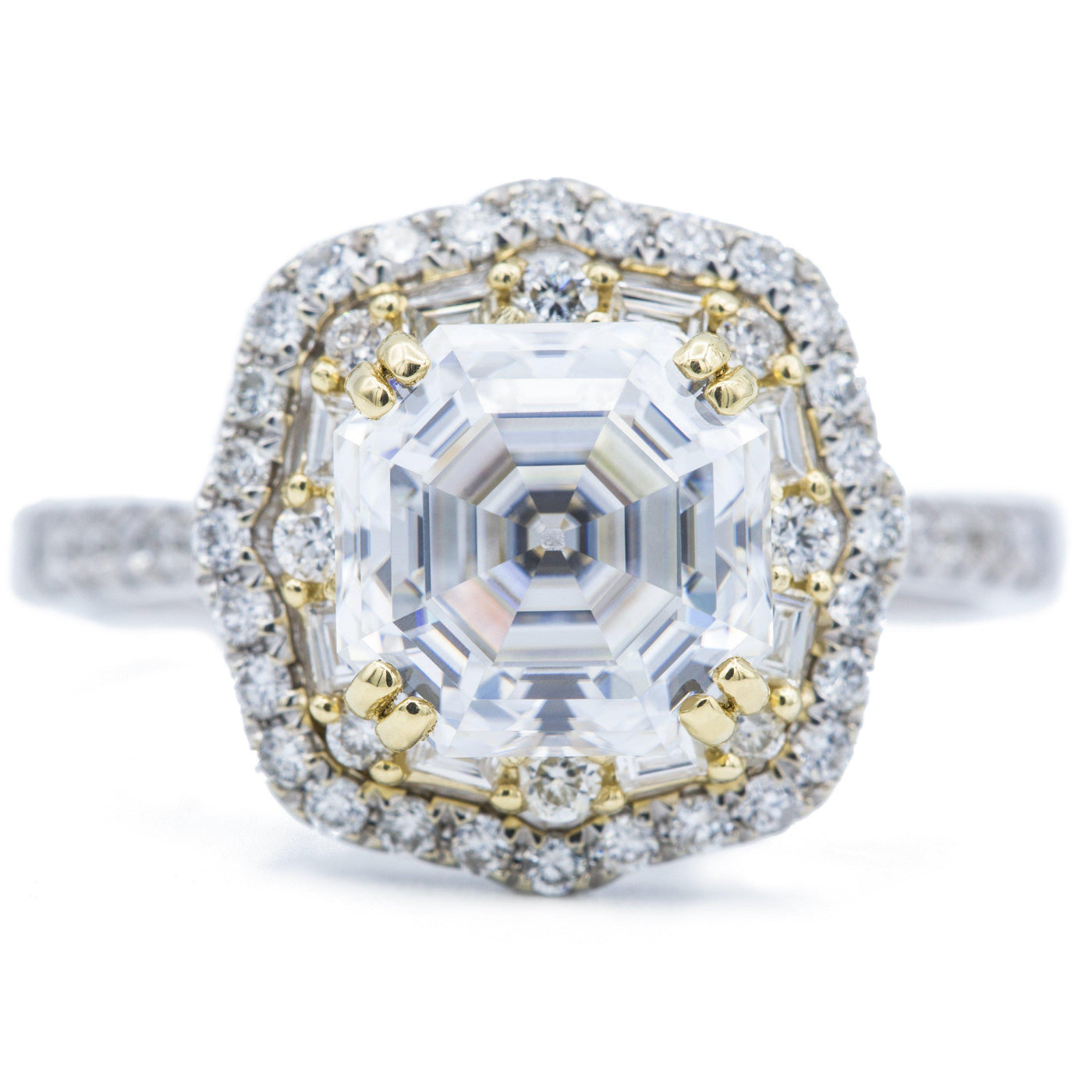 *7mm Asscher/Octagon Heirloom Moissanite Two Toned 14k White & Yellow Gold Antique Halo Basket Ring-Fire & Brilliance ® Creative Designs-Fire & Brilliance ®