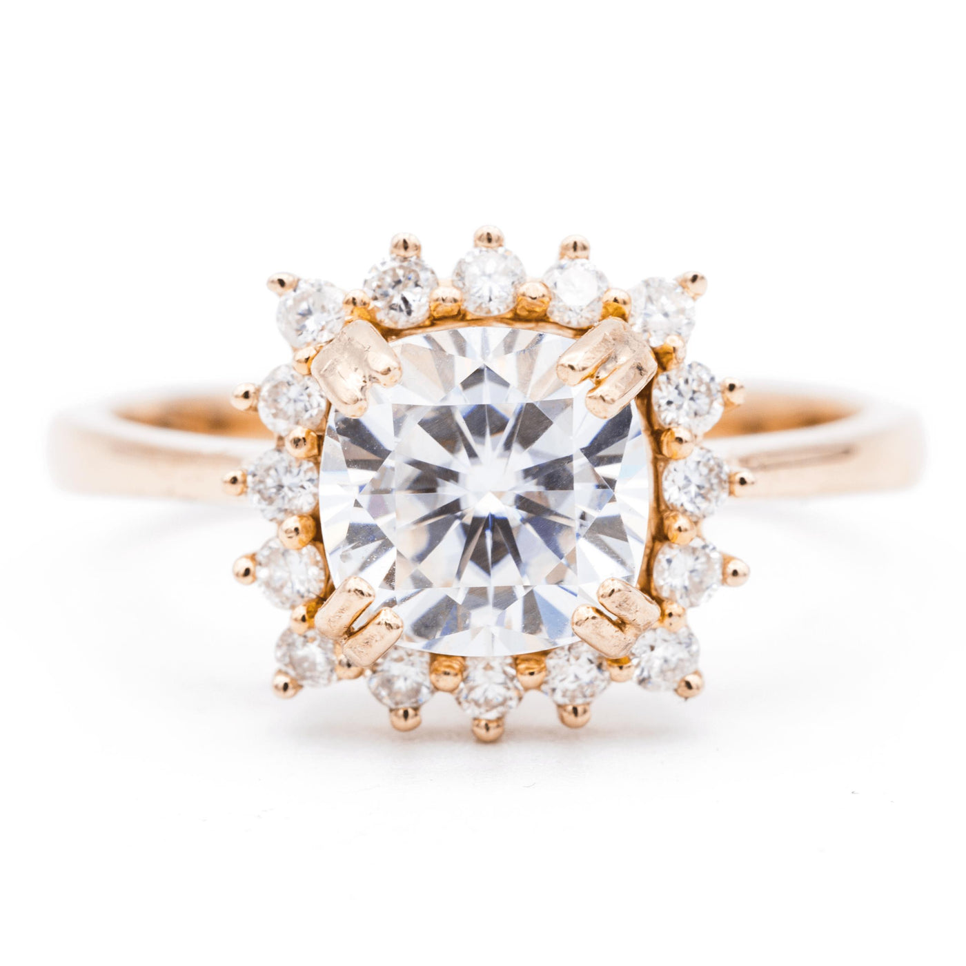 7mm Cushion Moissanite 14K Rose Gold Star Halo Diamond Accent Ring-Fire & Brilliance ® Creative Designs-Fire & Brilliance ®