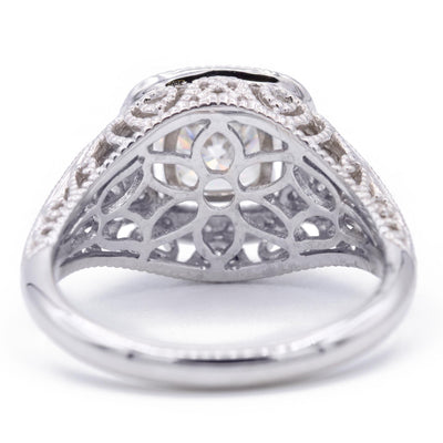 7mm Round Moissanite 14K White Gold Diamond Halo Milgrain Detail Ring-Fire & Brilliance ® Creative Designs-Fire & Brilliance ®