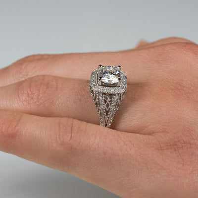 7mm Round Moissanite 14K White Gold Diamond Halo Milgrain Detail Ring-Fire & Brilliance ® Creative Designs-Fire & Brilliance ®