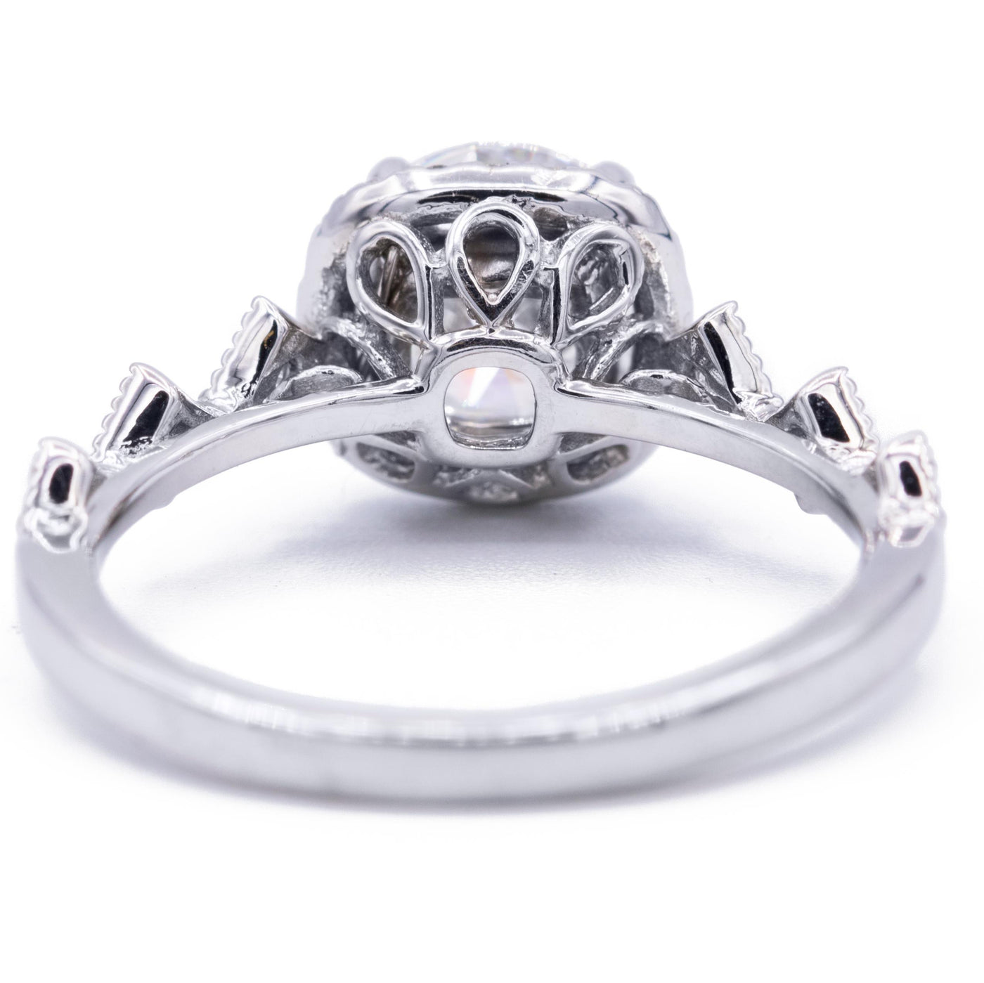 7mm Round Moissanite 14K White Square Milgrain Design Shank 4 Prong Halo Diamond Ring-Fire & Brilliance ® Creative Designs-Fire & Brilliance ®