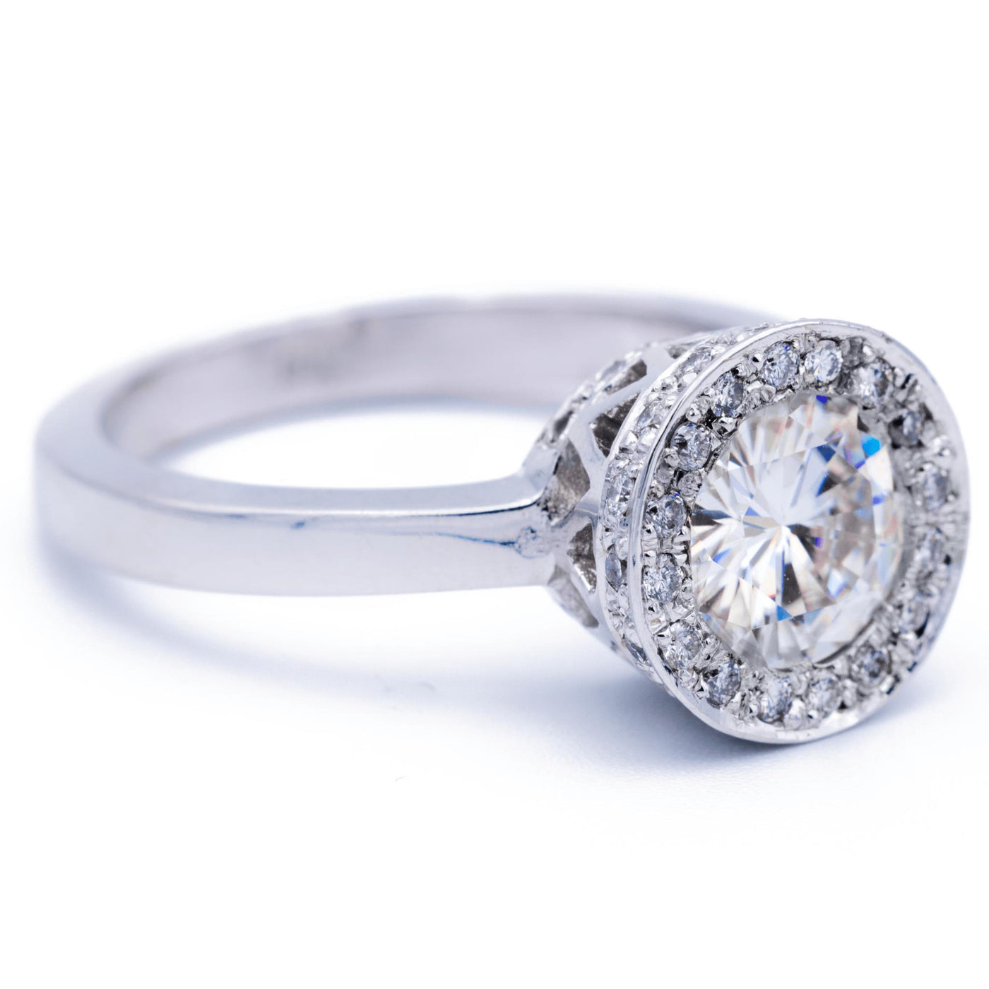 7mm Round Moissanite 18K White Gold Unique Diamond Halo Bezel Crown-Fire & Brilliance ® Creative Designs-Fire & Brilliance ®