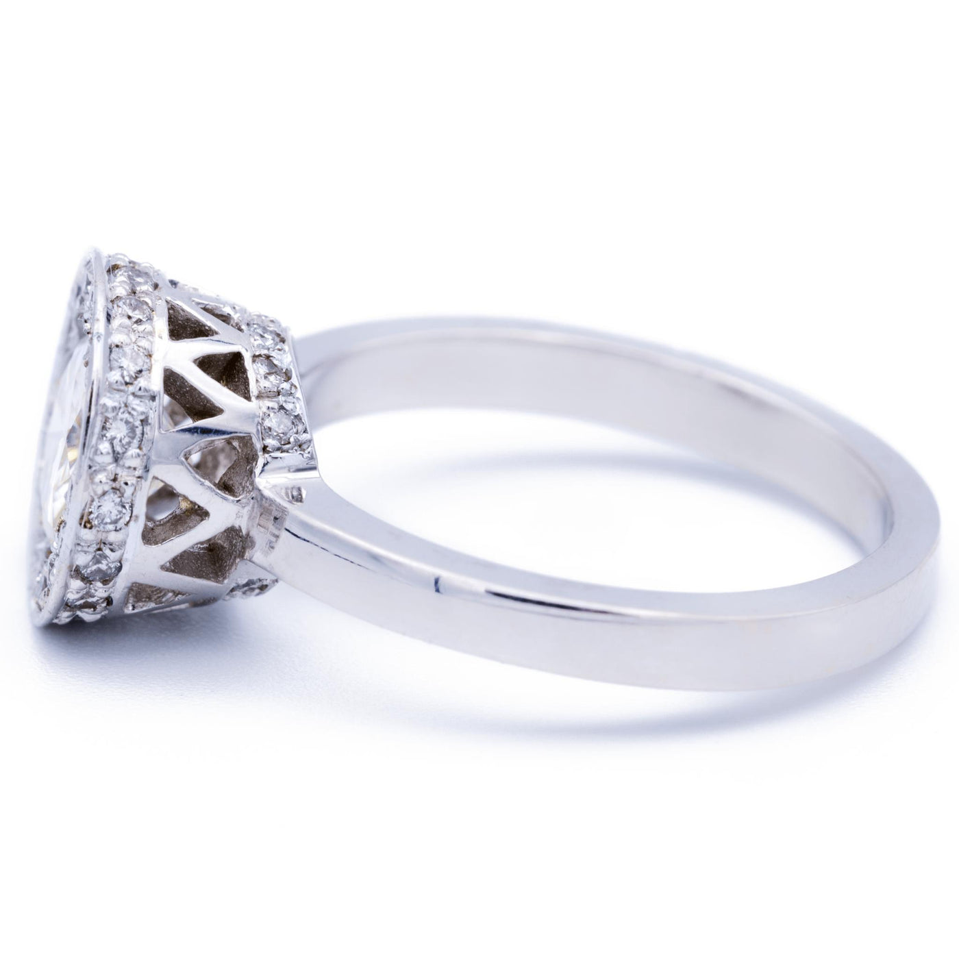 7mm Round Moissanite 18K White Gold Unique Diamond Halo Bezel Crown-Fire & Brilliance ® Creative Designs-Fire & Brilliance ®