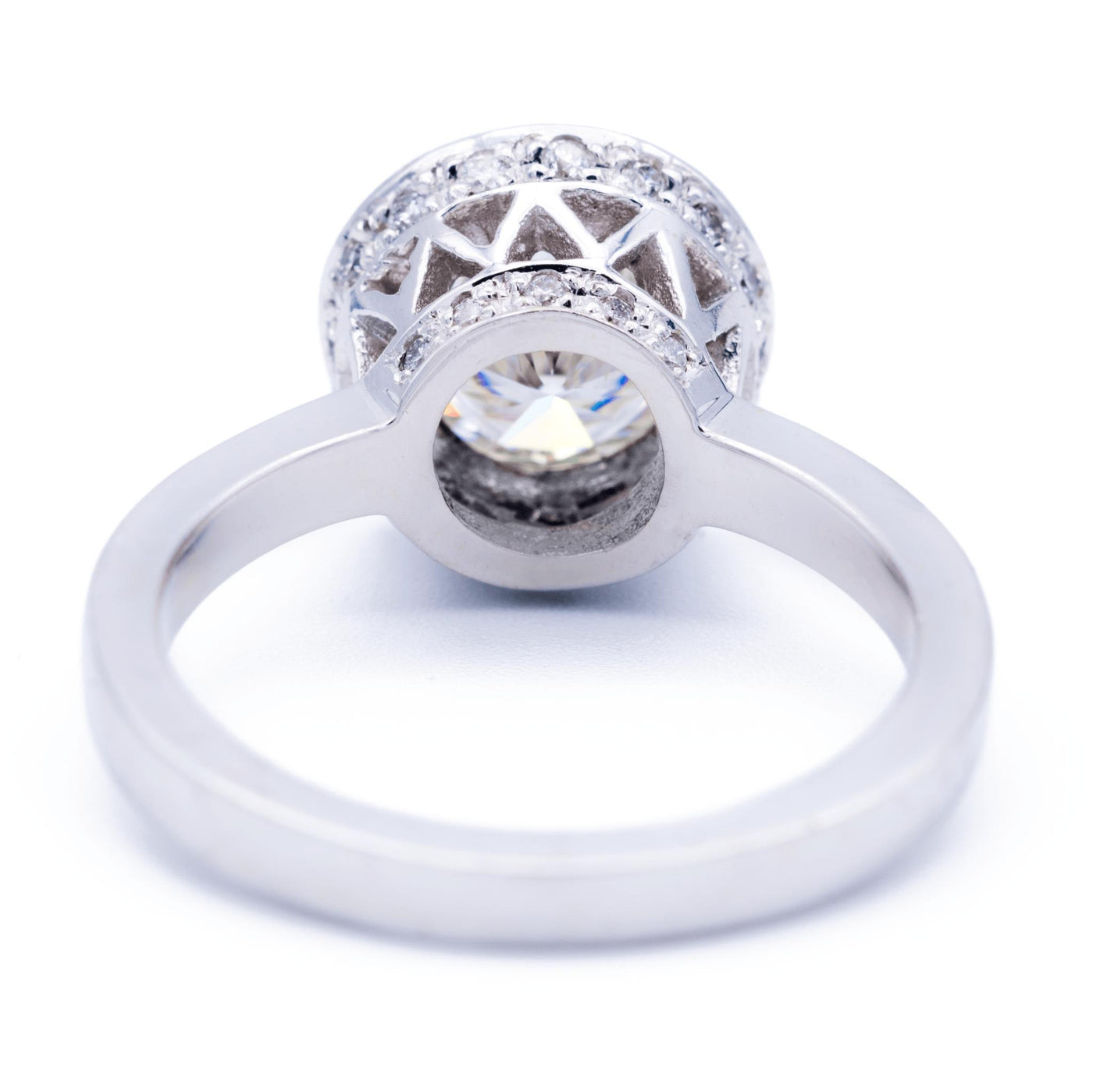 7mm Round Moissanite 18K White Gold Unique Diamond Halo Bezel Crown-Fire & Brilliance ® Creative Designs-Fire & Brilliance ®