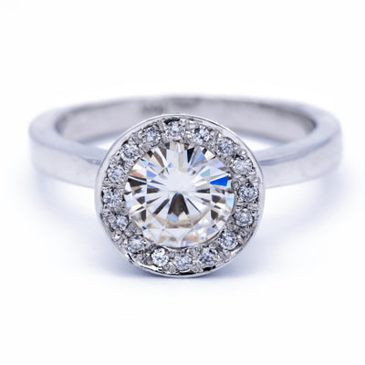 7mm Round Moissanite 18K White Gold Unique Diamond Halo Bezel Crown-Fire & Brilliance ® Creative Designs-Fire & Brilliance ®