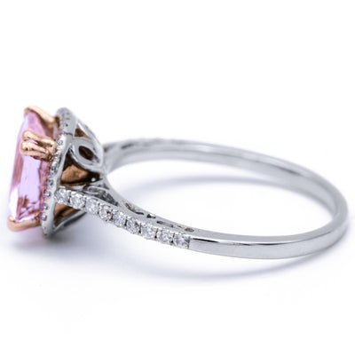 7mm Natural Cushion Morganite Center 14k Two-Tone White Gold and Rose Gold Antique Basket Double Prongs Diamond Halo & Shoulders 1.7 CTTW-Fire & Brilliance ® Creative Designs-Fire & Brilliance ®