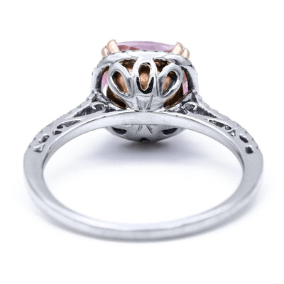 7mm Natural Cushion Morganite Center 14k Two-Tone White Gold and Rose Gold Antique Basket Double Prongs Diamond Halo & Shoulders 1.7 CTTW-Fire & Brilliance ® Creative Designs-Fire & Brilliance ®
