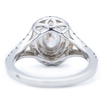 7x5mm Oval Moissanite 14K Two-Tone White & Rose Gold Halo Ring-Fire & Brilliance ® Creative Designs-Fire & Brilliance ®