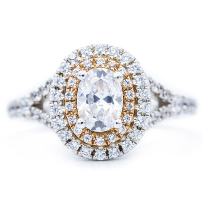 7x5mm Oval Moissanite 14K Two-Tone White & Rose Gold Halo Ring-Fire & Brilliance ® Creative Designs-Fire & Brilliance ®