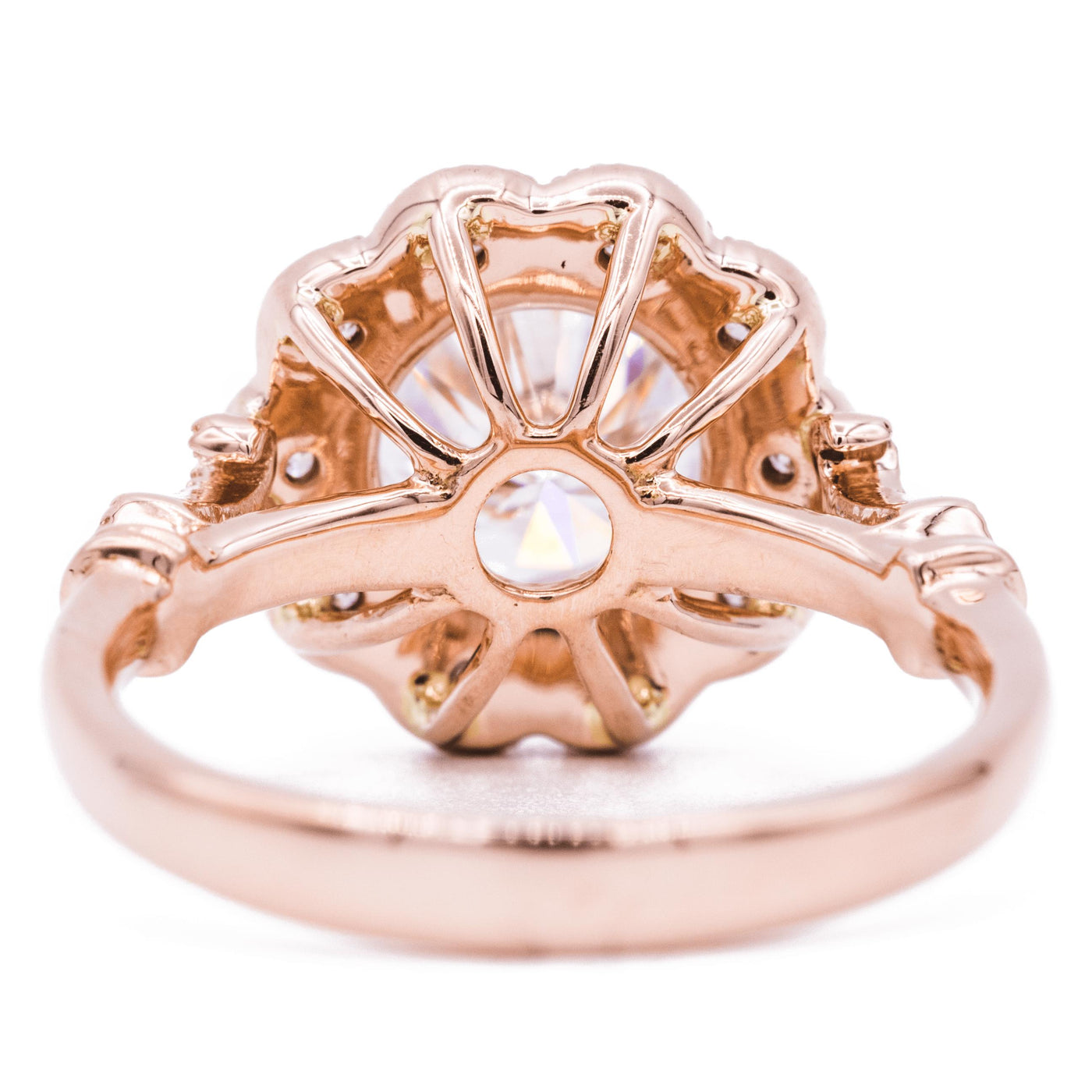 *8.0mm Round Moissanite 14K Rose Gold Halo Ring-Fire & Brilliance ® Creative Designs-Fire & Brilliance ®