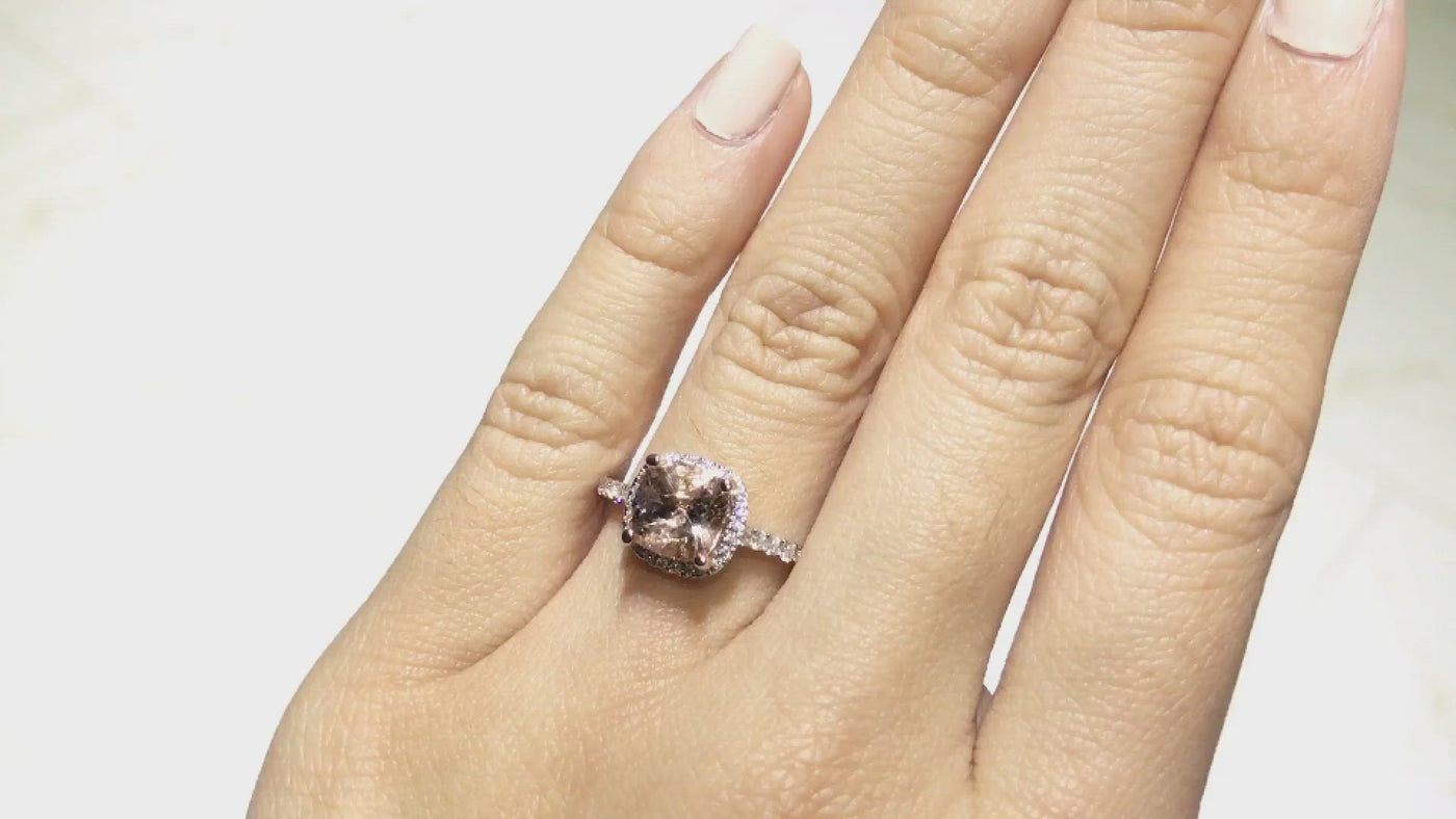 7mm Natural Cushion Morganite Center 14k Two-Tone White Gold and Rose Gold Antique Basket Double Prongs Diamond Halo & Shoulders 1.7 CTTW