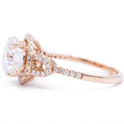 8.5mm Round Moissanite 14K Rose Gold Filigree and Milgrain Shank with Side Diamonds Ring-Fire & Brilliance ® Creative Designs-Fire & Brilliance ®