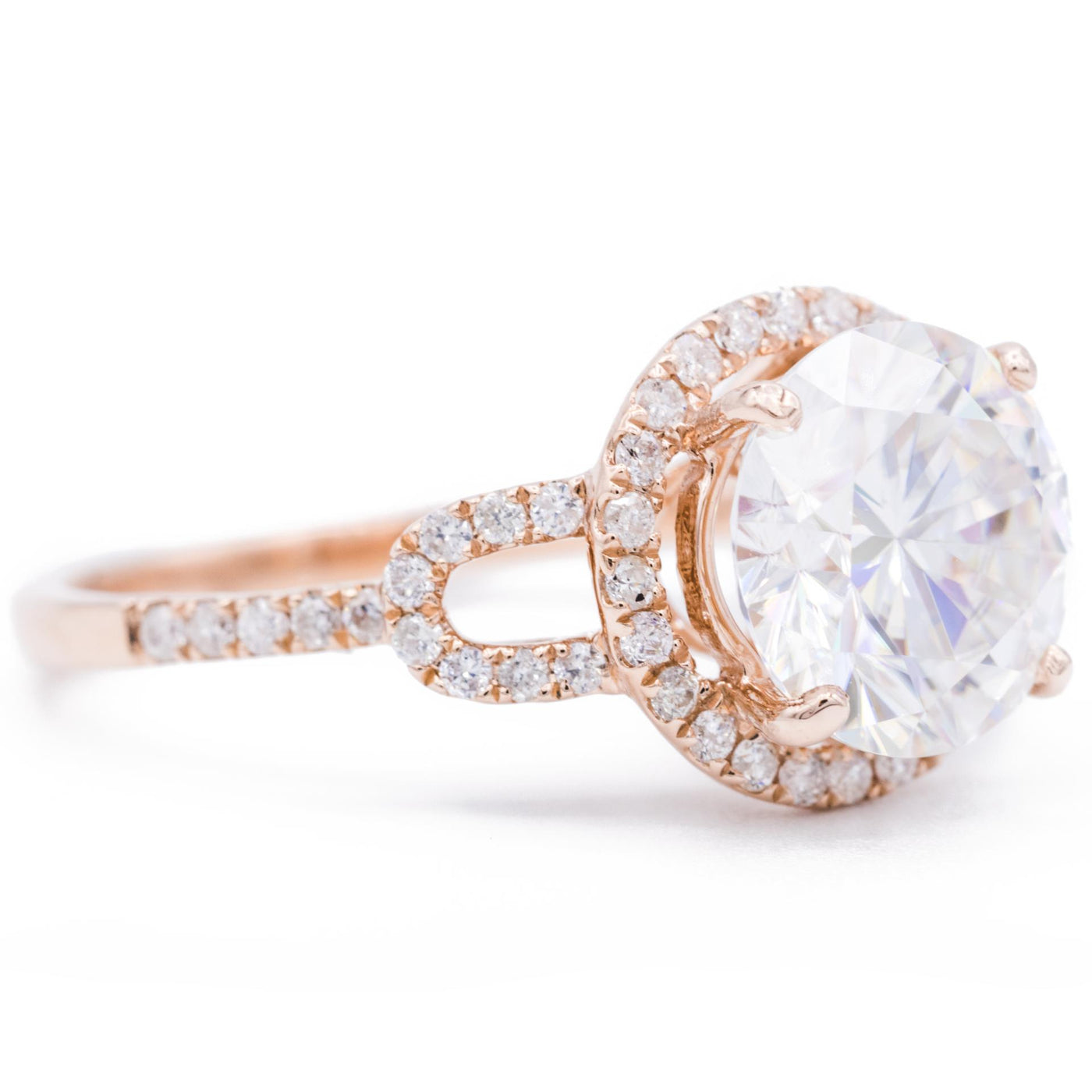 8.5mm Round Moissanite 14K Rose Gold Filigree and Milgrain Shank with Side Diamonds Ring-Fire & Brilliance ® Creative Designs-Fire & Brilliance ®
