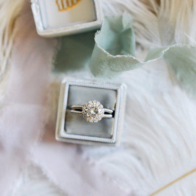 8.5mm Round Moissanite 14K White Gold Diamond Halo & Twist Shank Ring-Fire & Brilliance ® Creative Designs-Fire & Brilliance ®