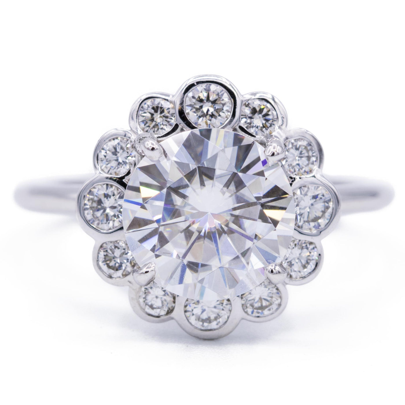 8.5mm Round Moissanite 14KW Diamond Floral Halo Ring-Fire & Brilliance ® Creative Designs-Fire & Brilliance ®