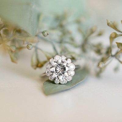 8.5mm Round Moissanite 14KW Diamond Floral Halo Ring-Fire & Brilliance ® Creative Designs-Fire & Brilliance ®