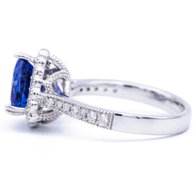 *8mm Blue Sapphire Trillion Chatham 14K White Gold Halo Ring-Fire & Brilliance ® Creative Designs-Fire & Brilliance ®