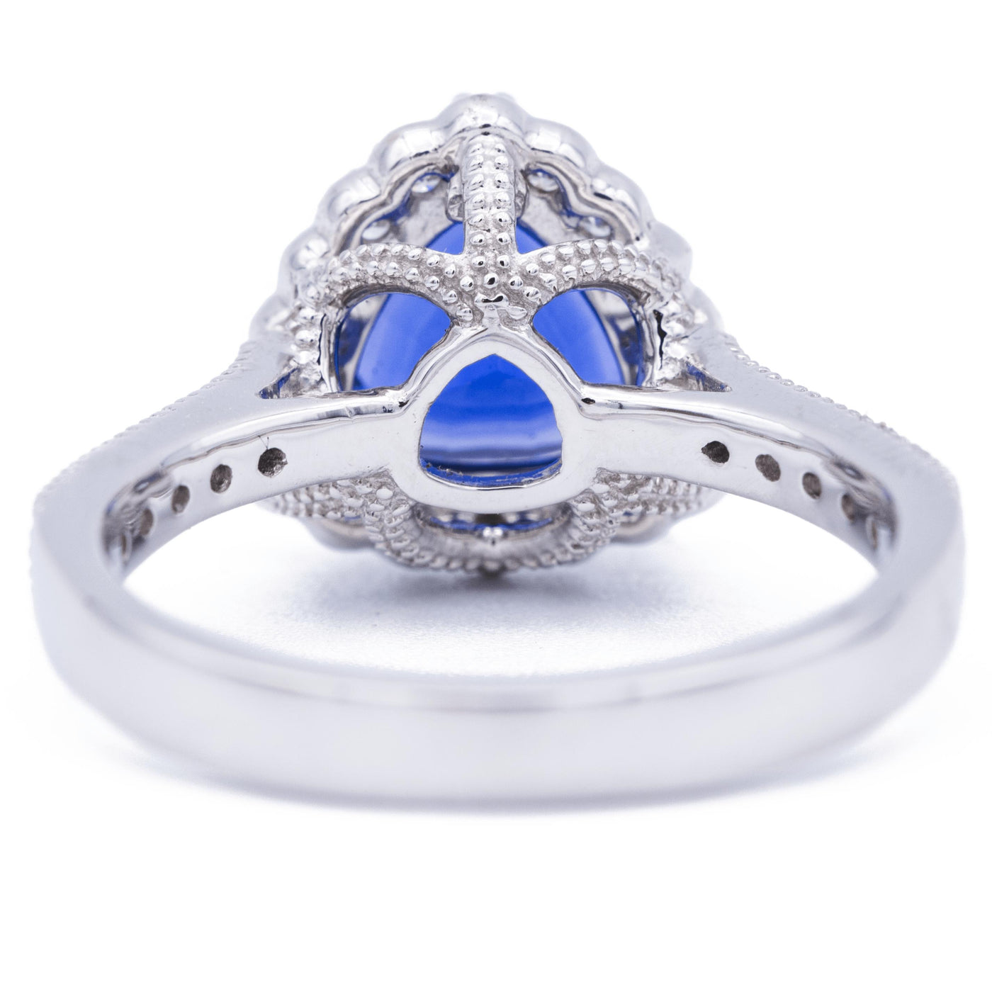 *8mm Blue Sapphire Trillion Chatham 14K White Gold Halo Ring-Fire & Brilliance ® Creative Designs-Fire & Brilliance ®