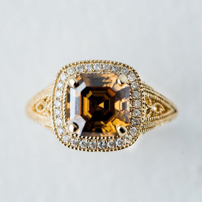 8mm Cognac Asscher Heirloom Moissanite 14k Solid Yellow Gold Exquisite Diamond Filigree Design Setting-Fire & Brilliance ® Creative Designs-Fire & Brilliance ®