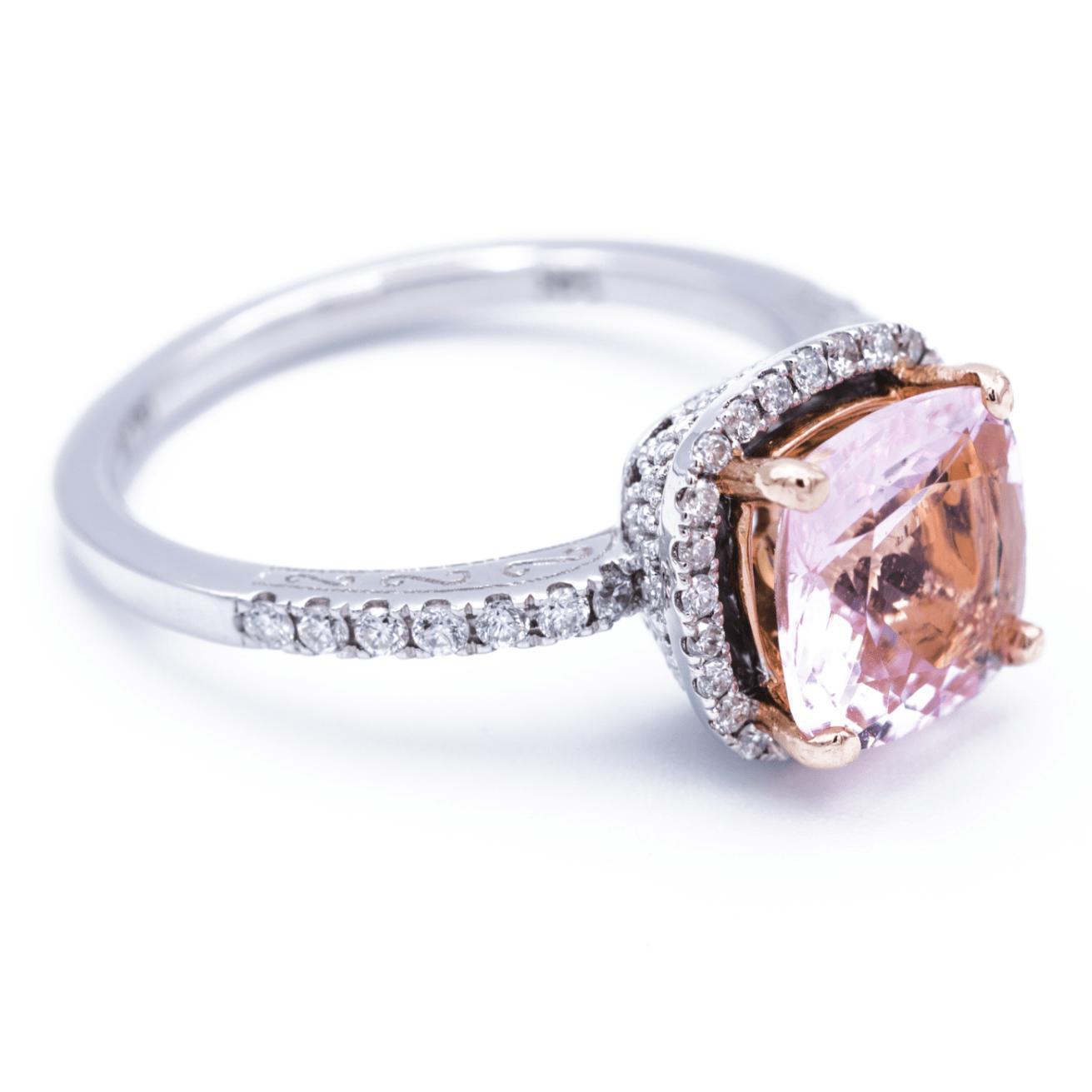 8.2mm x 8.2mm Cushion Pink Morganite Center Gem 14k Solid Rose Gold Prongs and White Gold Band Antique Diamond Filigree Design 2.1 Carat Total Weight-Fire & Brilliance ® Creative Designs-Fire & Brilliance ®