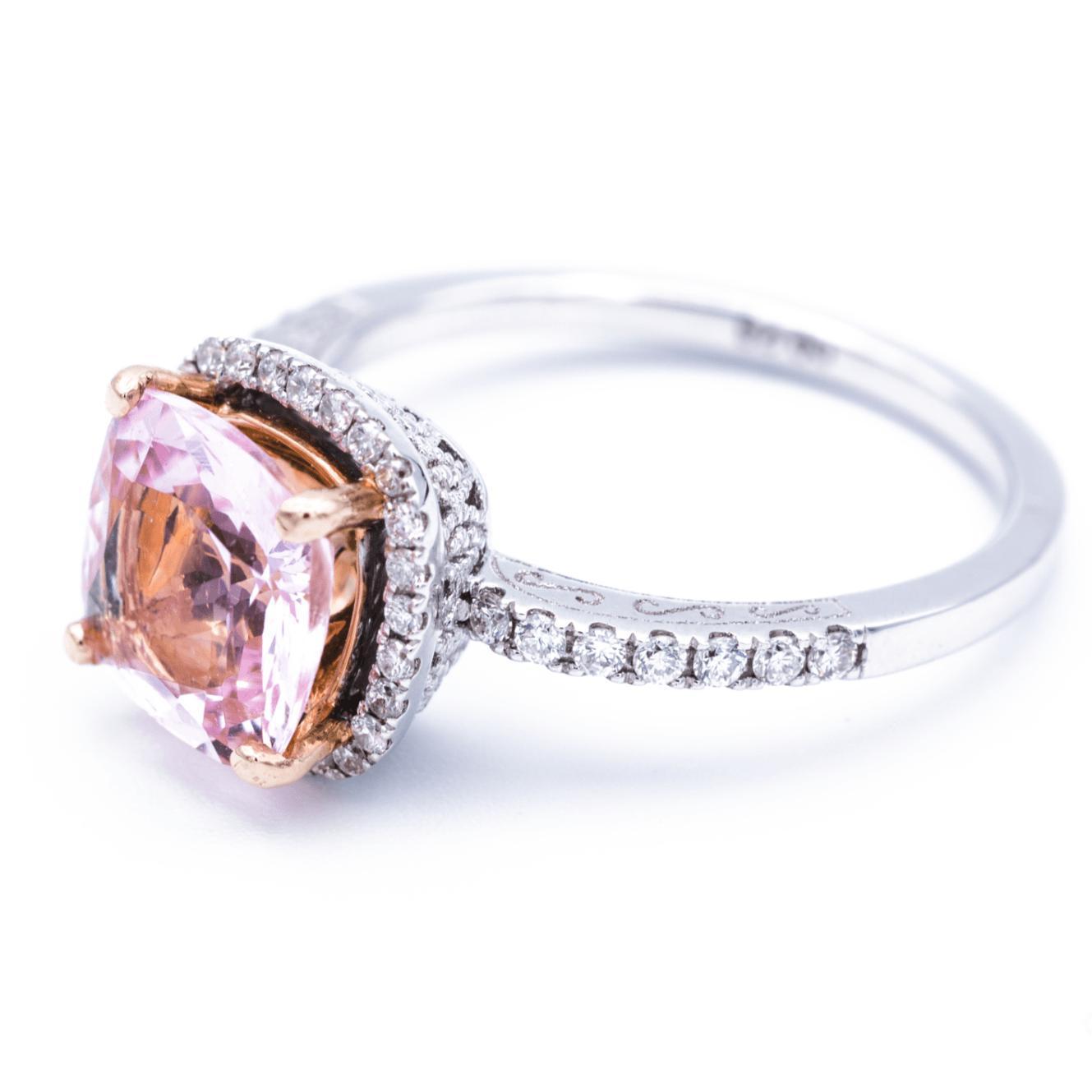 8.2mm x 8.2mm Cushion Pink Morganite Center Gem 14k Solid Rose Gold Prongs and White Gold Band Antique Diamond Filigree Design 2.1 Carat Total Weight-Fire & Brilliance ® Creative Designs-Fire & Brilliance ®