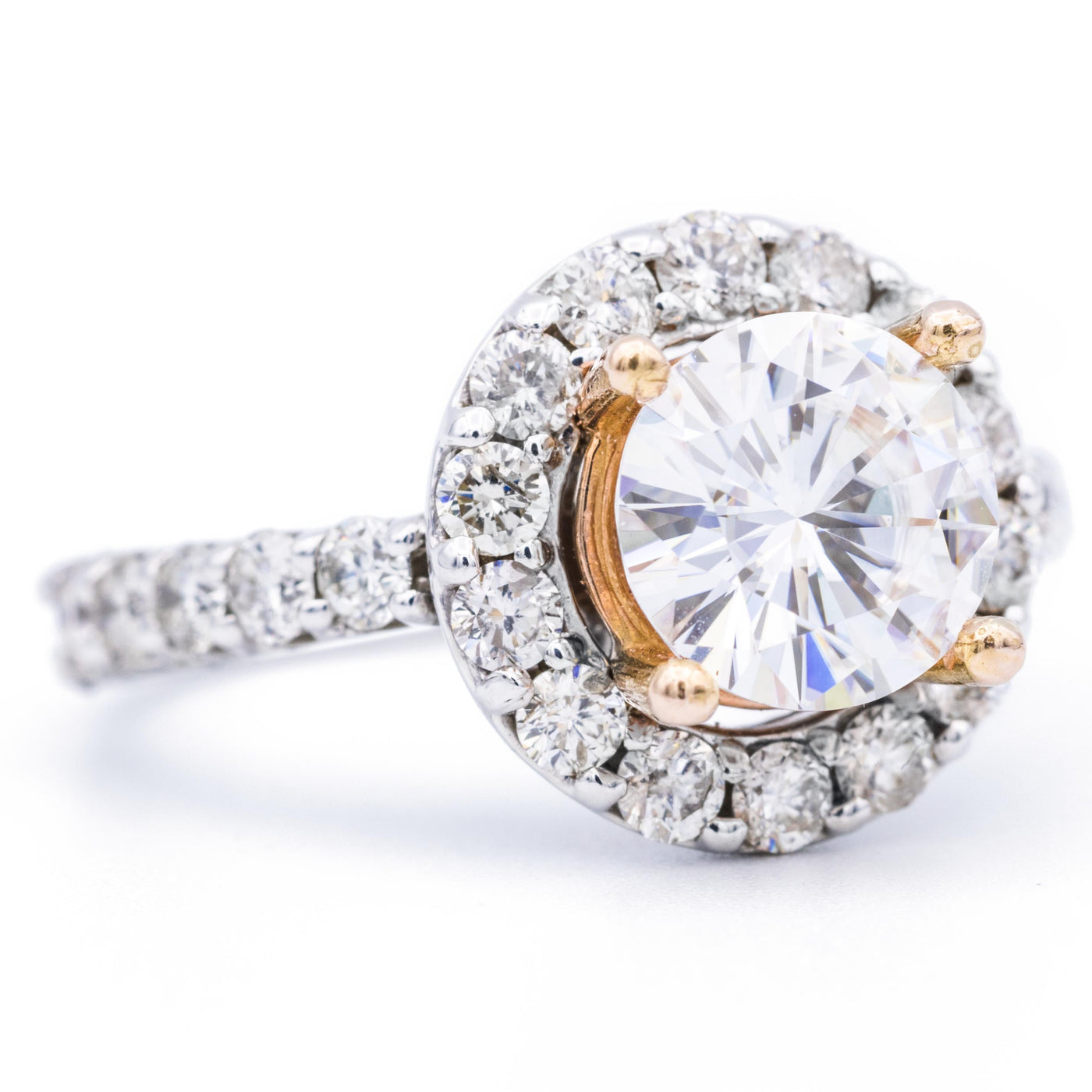 8mm Round Moissanite 14K Two Tone White and Rose Gold Halo Ring-Fire & Brilliance ® Creative Designs-Fire & Brilliance ®