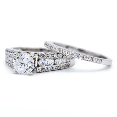 8mm Round Moissanite 14K White Gold Diamond Shank Ring-Fire & Brilliance ® Creative Designs-Fire & Brilliance ®