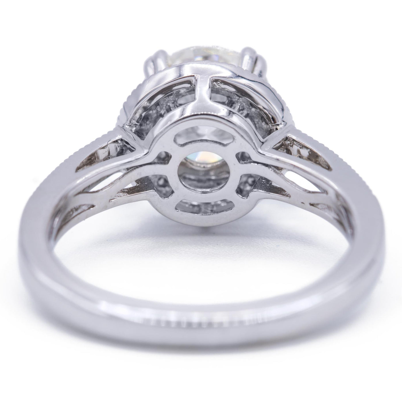 8mm Round Moissanite 14K White Gold Filigree Channel Set Halo Diamond Ring-Fire & Brilliance ® Creative Designs-Fire & Brilliance ®