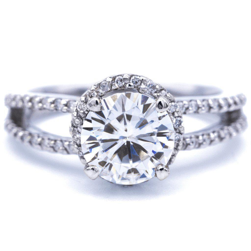 8mm Round Moissanite 14K White Gold Spin Halo Split Shank MicroPave Ring-Fire & Brilliance ® Creative Designs-Fire & Brilliance ®