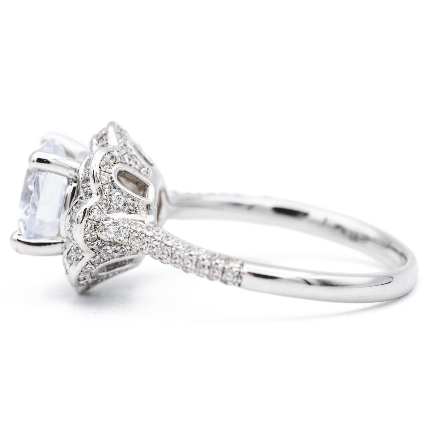 8mm Round Moissanite 14K White Solid Gold Diamond Shank Floral Halo Design Ring-Fire & Brilliance ® Creative Designs-Fire & Brilliance ®