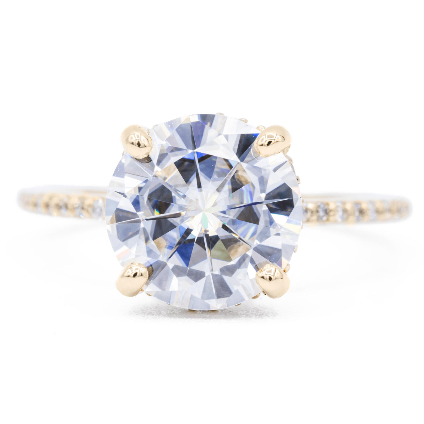 8mm Round Moissanite 14K Yellow Gold Diamond Upper Gallery and Shoulder Ring-Fire & Brilliance ® Creative Designs-Fire & Brilliance ®
