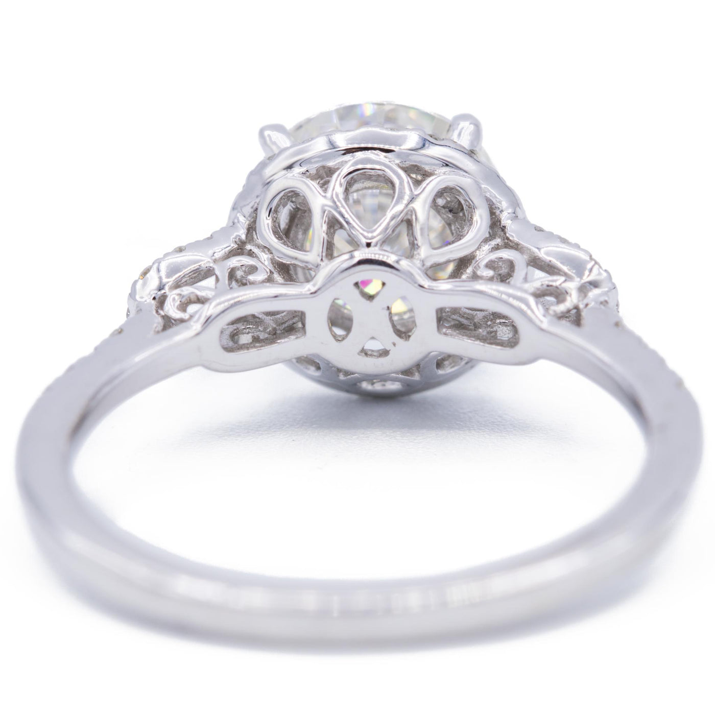 8mm Round Moissanite 14KW Diamond Accent Halo and Filigree Band Ring-Fire & Brilliance ® Creative Designs-Fire & Brilliance ®