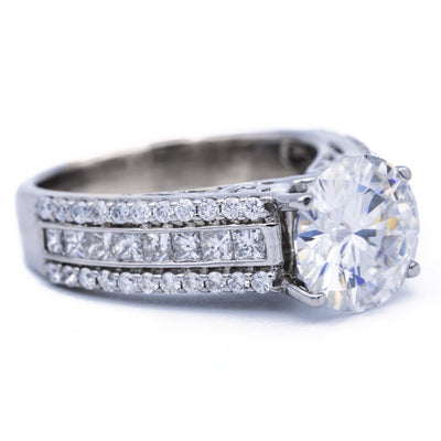 8mm Round Moissanite Channel Set Princess Diamond 14k White Gold Ring-Fire & Brilliance ® Creative Designs-Fire & Brilliance ®