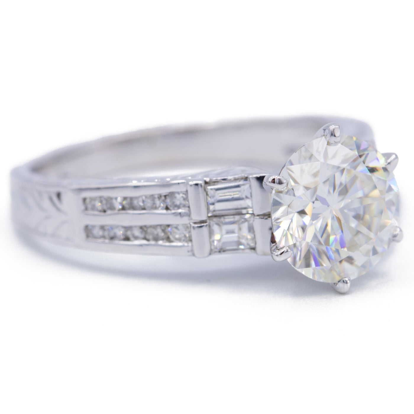 8mm Round Moissanite Side Baguette Diamonds 18k White Gold Ring-Fire & Brilliance ® Creative Designs-Fire & Brilliance ®