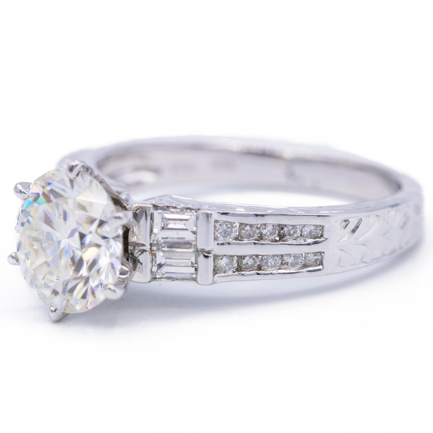 8mm Round Moissanite Side Baguette Diamonds 18k White Gold Ring-Fire & Brilliance ® Creative Designs-Fire & Brilliance ®