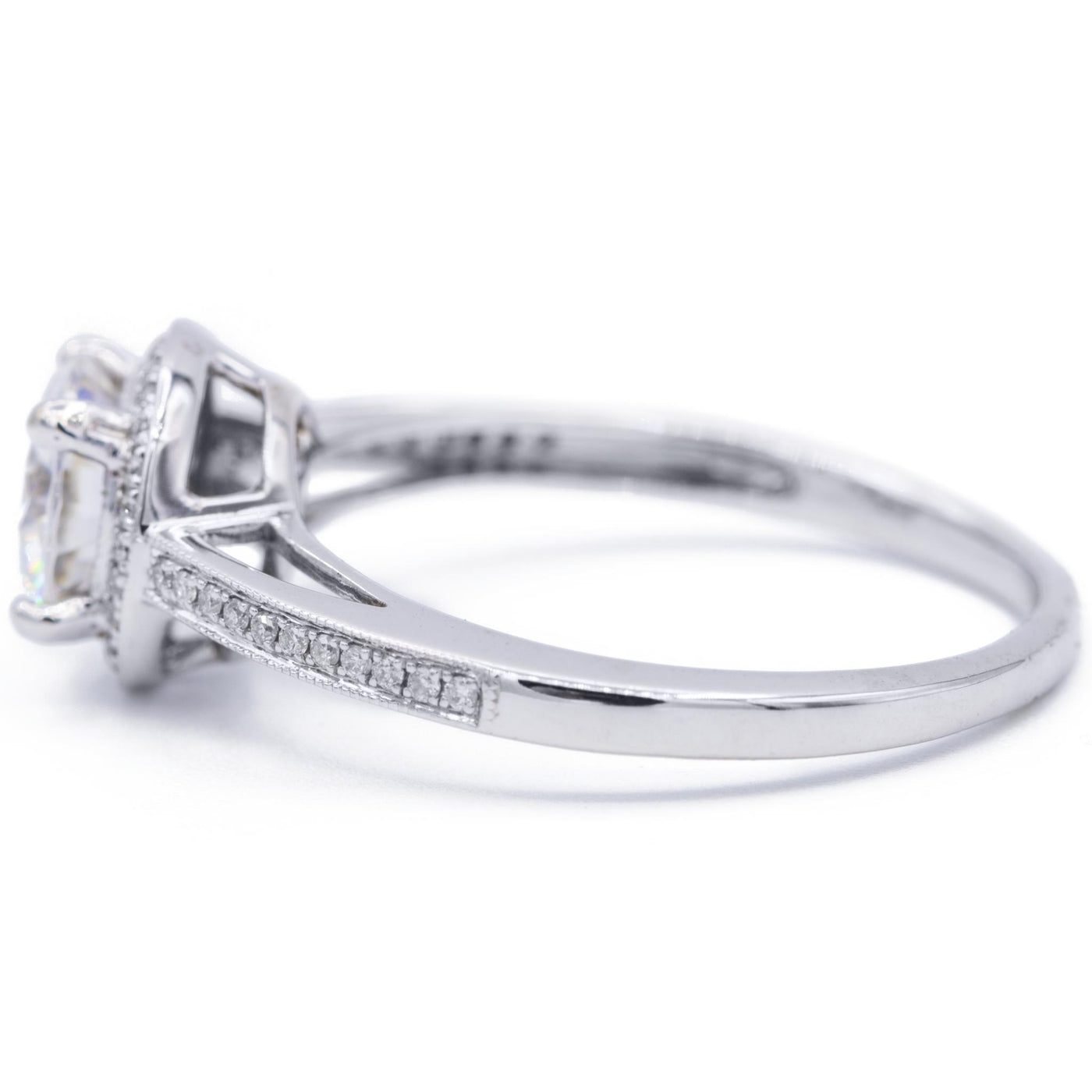 8mm Round Moissanite and Diamond Pave and Shoulder 18K White Gold Ring-Fire & Brilliance ® Creative Designs-Fire & Brilliance ®