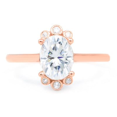8x6mm Oval Moissanite 14K Rose Gold Bezel Diamond Accent Ring-Fire & Brilliance ® Creative Designs-Fire & Brilliance ®
