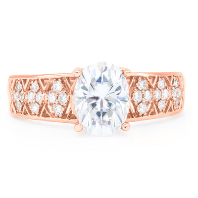 8x6mm Oval Moissanite 14K Rose Gold Cathedral Diamond Accent Ring-Fire & Brilliance ® Creative Designs-Fire & Brilliance ®