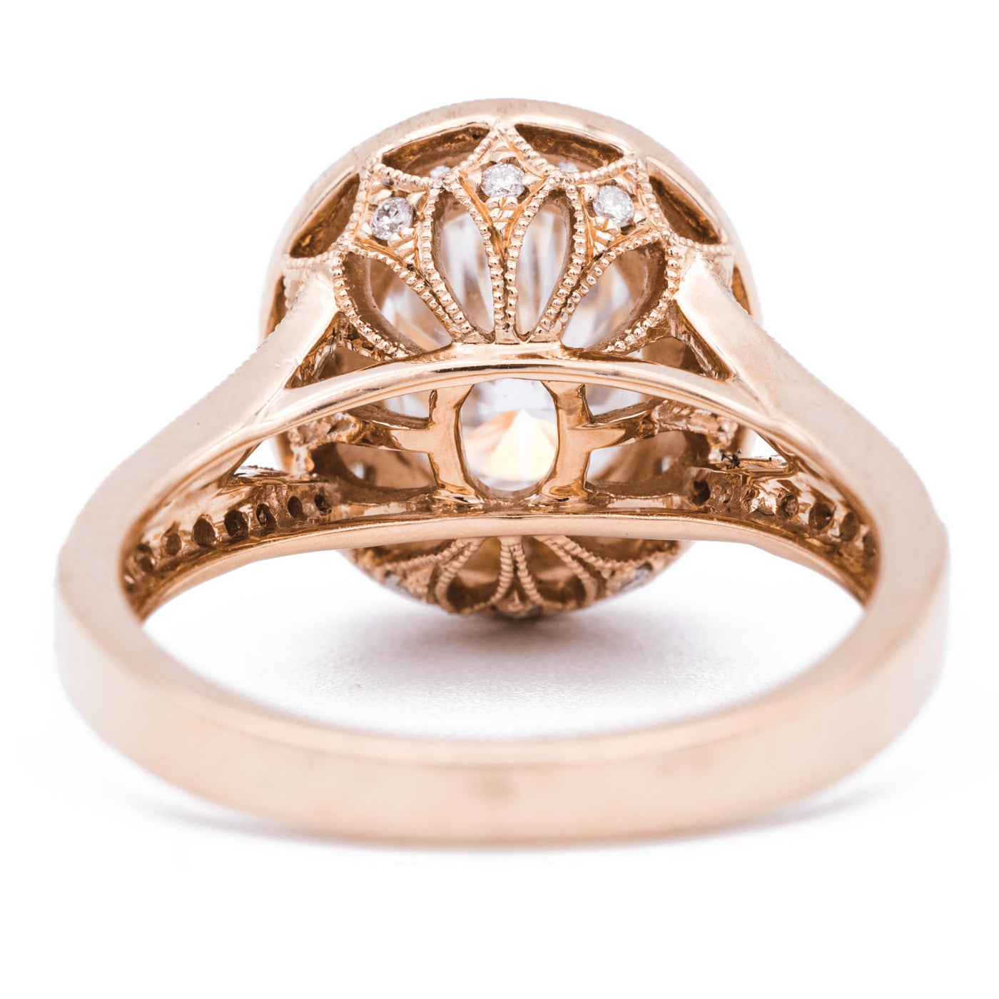 8x6mm Oval Moissanite 14K Rose Gold Milgrain Halo Ring-Fire & Brilliance ® Creative Designs-Fire & Brilliance ®