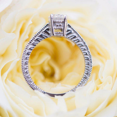 8x6mm Oval Moissanite 14k White Gold Etched Filigree Diamond Shoulders-Fire & Brilliance ® Creative Designs-Fire & Brilliance ®