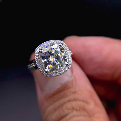 Melody Cushion Moissanite Posh Cathedral Diamond Halo 4 Prong Engagement Ring