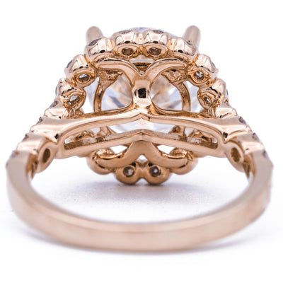 9.5mm Round Moissanite 14K Rose Gold Halo Ring-Fire & Brilliance ® Creative Designs-Fire & Brilliance ®