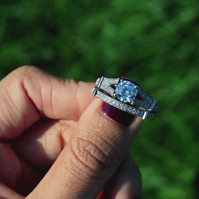 7mm Round Moissanite 14K White Gold Engagement Ring And Wedding Band Set