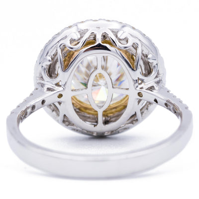 9mm Round Moissanite 14K Two Tone White and Yellow Gold Halo Ring-Fire & Brilliance ® Creative Designs-Fire & Brilliance ®