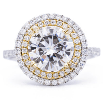 9mm Round Moissanite 14K Two Tone White and Yellow Gold Halo Ring-Fire & Brilliance ® Creative Designs-Fire & Brilliance ®